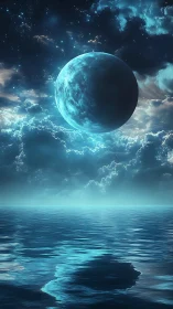 Moonlit ocean world under glowing cosmic night sky.