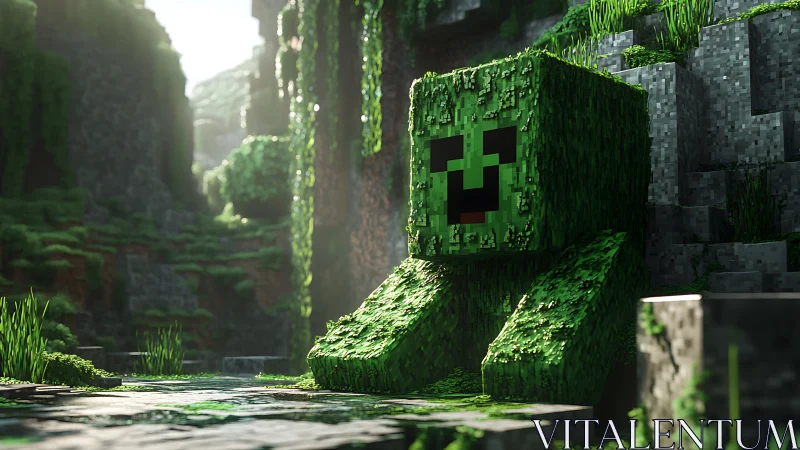 Voxel moss creature rendered in lush canyon lighting.