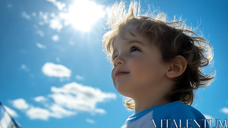 Child gazing skyward bathed in golden sunlight.