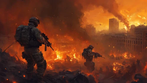 Soldiers cut silhouettes against a city swallowed by fire.