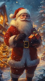 Santa stands in a snowy village, glowing with festive cheer