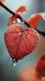 Red Leaf with Water Droplets on Branch.