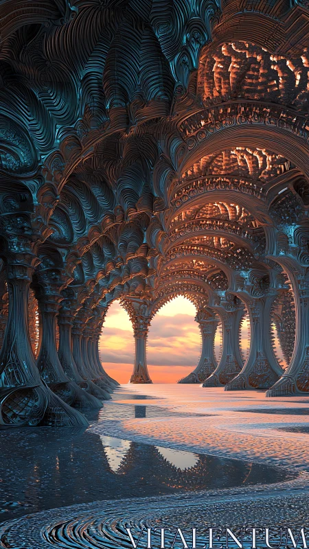 Intricate fractal arches opening onto reflective sunset sea.