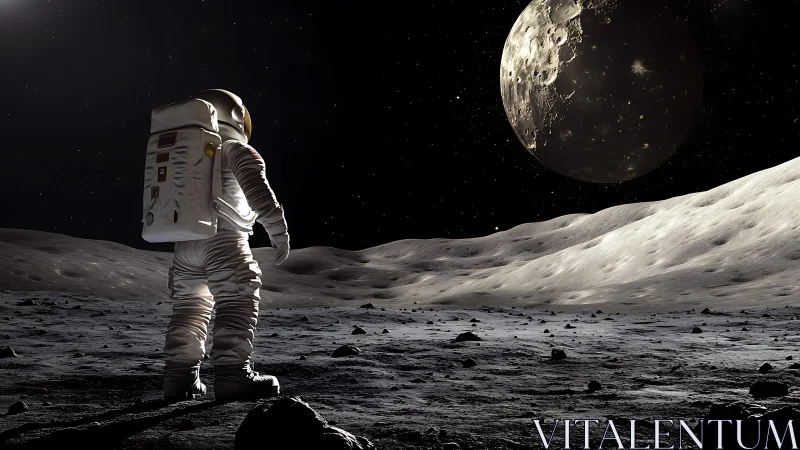 Solitary astronaut gazes across a moonlit alien horizon