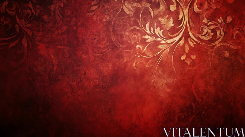 Textured red damask background with ornamental flourishes.