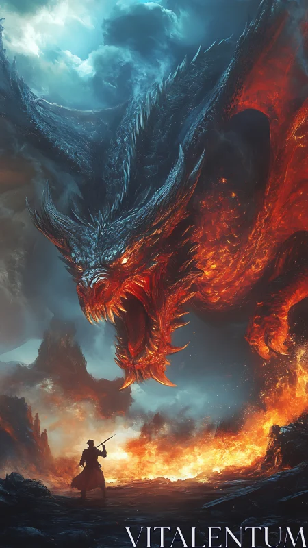 Volcanic dragon confronts lone swordsman in high-contrast inferno