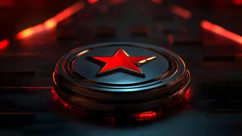 Futuristic Red Star Emblem on Metallic Surface, Sci-Fi Lighting.