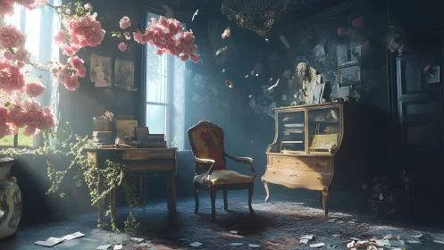 Sunlit vintage study filled with drifting petals and dust