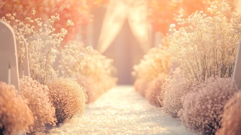 Softly lit wedding aisle lined with white floral arrangements.