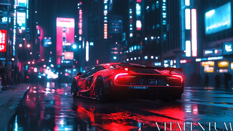 Neon-lit hypercar rear view on rain-soaked cyberpunk avenue
