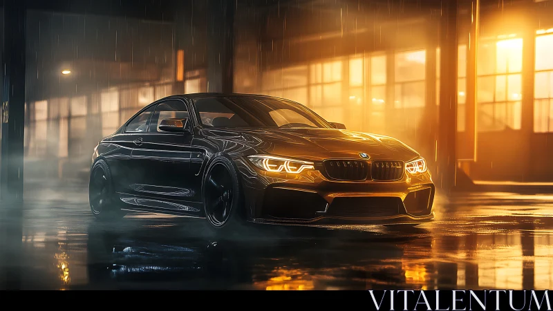 Sleek sports car glowing in warm rain-soaked city light.