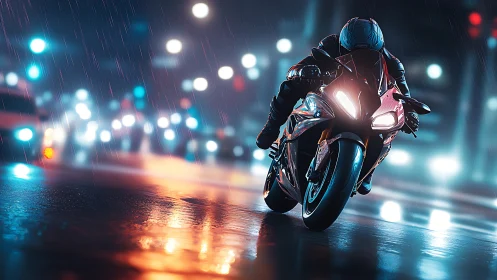 Sport motorcycle races through wet neon city street at night