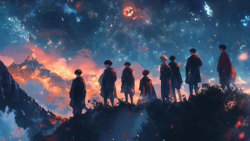 Seven cloaked figures gaze toward a burning cosmic horizon