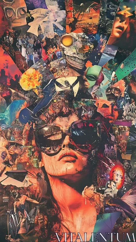 Surreal collage portrait merges urban chaos and neon dreams.