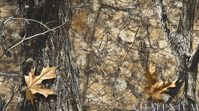 Golden autumn leaves resting softly on rugged tree bark.