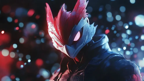 Cyber avian warrior with glowing mask in neon haze.
