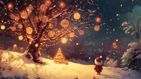 Snow-kissed Christmas tree glows under a lantern-lit sky.