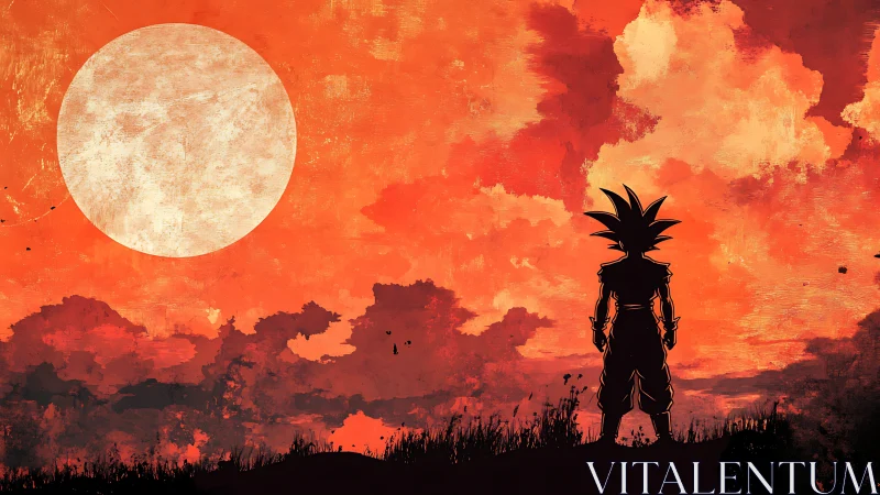 Saiyan silhouette studies burning red sunset horizon.