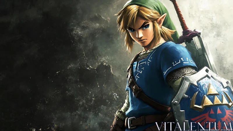 Heroic anime warrior with sword and shield artwork.