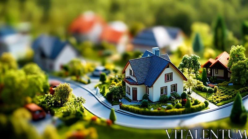 Miniature suburban house model within curved street loop.