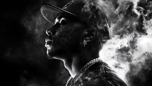 Thoughtful rapper in smoky black and white profile portrait.