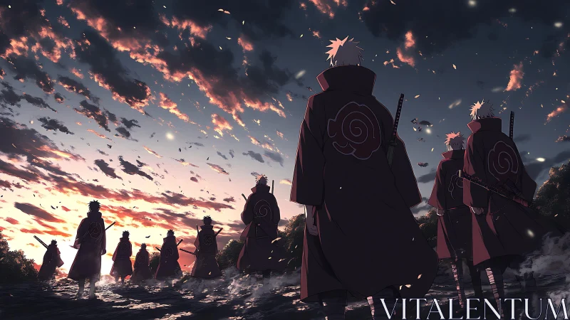 Cloaked swordbearers under stratified dusk cloud dynamics.