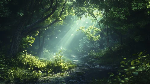 Sunlit Forest Stream: Ethereal Woodland Path