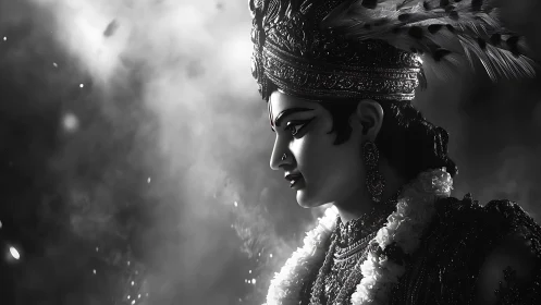 Black and white profile of ornate deity statue in smoke