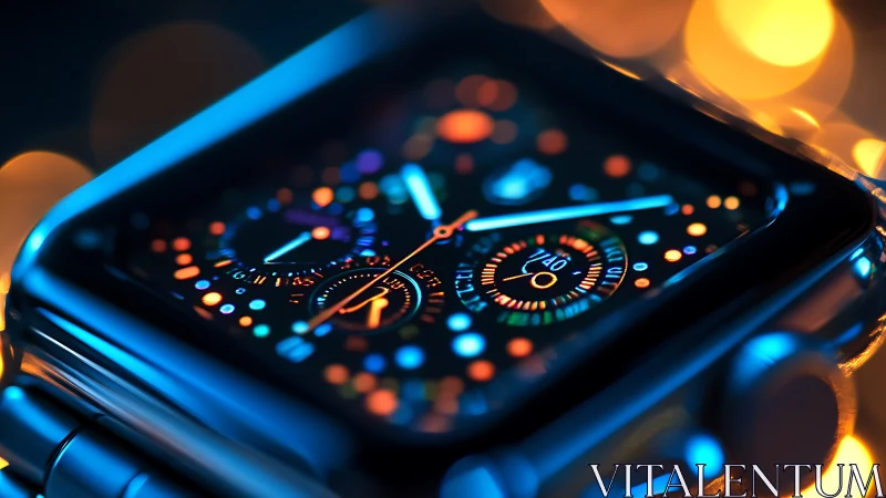 Colorful smart watch face glowing in cozy evening light.