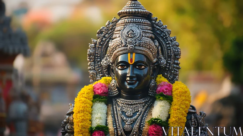 Hindu deity statue adorned with colorful flower garlands.