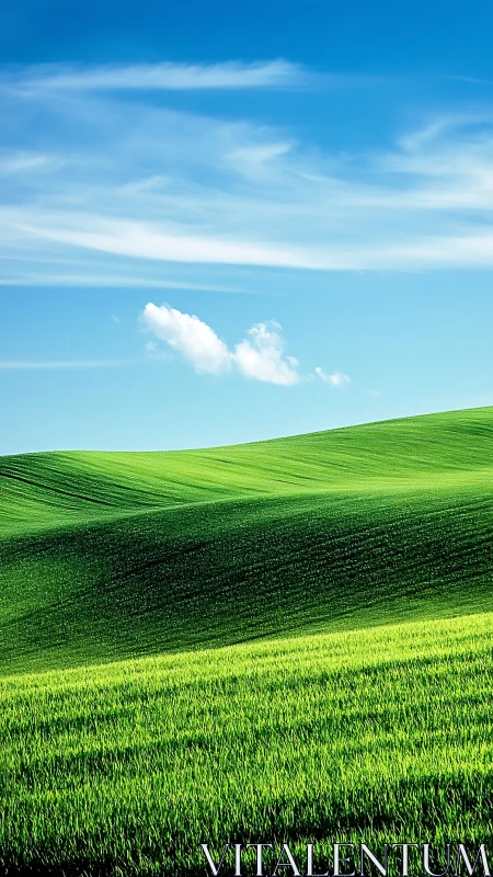 Sunlit green hills rolling under vivid blue sky.