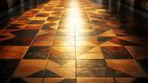 Golden light glides across geometric tiled corridor floor