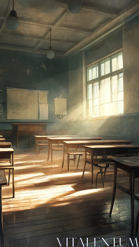 Sunlit empty classroom with long perspective and diffused dust-lit beams
