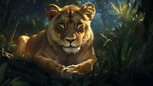 Majestic lioness rests amid verdant jungle foliage.