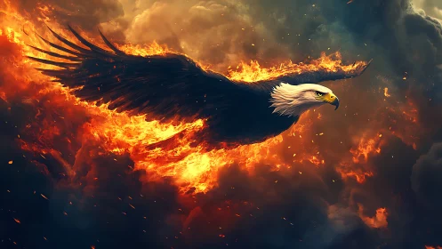 Majestic Bald Eagle Soaring Through Fiery Skies in Dramatic Art.