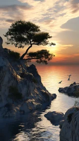 Coastal cliff trees overlook calm sea at sunset
