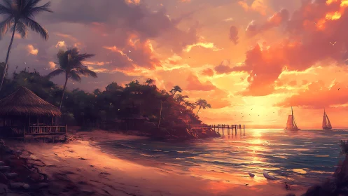 Sunlit tropical shoreline renders vivid painterly sunset atmosphere