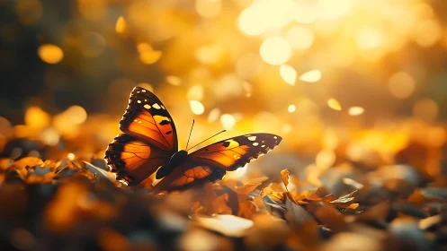 Monarch butterfly glows in golden autumn forest light.