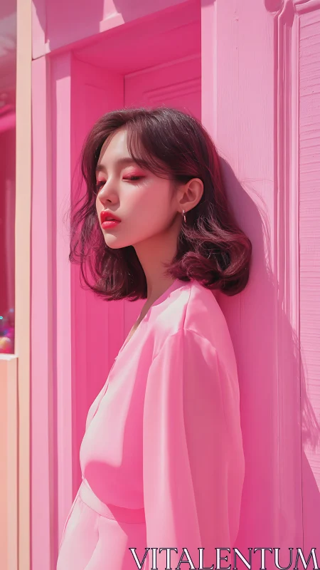 Woman in monochrome pink outfit beside pink doorway.