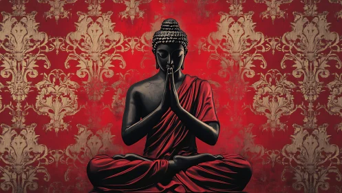 Calm seated Buddha in deep red stillness and quiet grace.