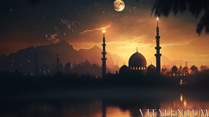 Moonlit desert skyline glows above tranquil mosque waters