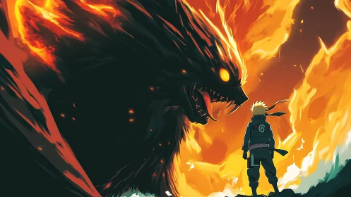 Dynamic anime confrontation with fiery kaiju-scale entity.