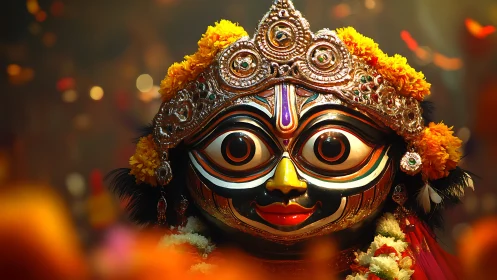 Vibrant deity mask adorned with marigolds and jeweled crown.