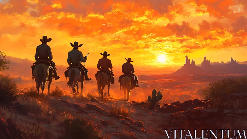 Quadrilateral cowboy convoy under stratified desert sunset.