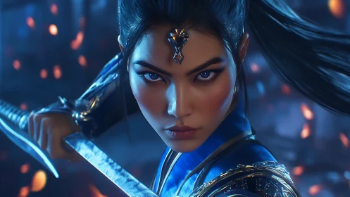 Warrior heroine locks blades in a blazing blue night