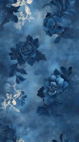 Blue floral composition with layered flowers on textured background