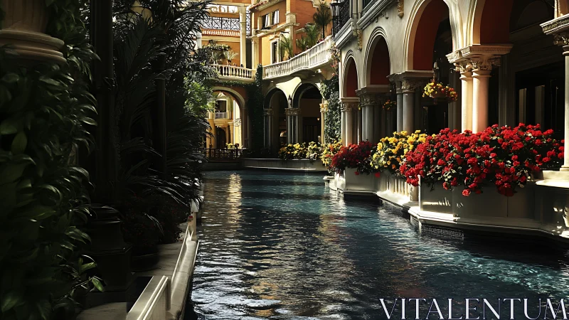 Sunlit canal courtyard with arcaded colonnade and dense floral bands