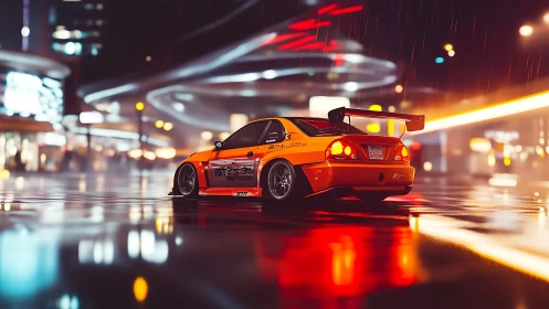Orange street racer glowing under neon city rainlight.