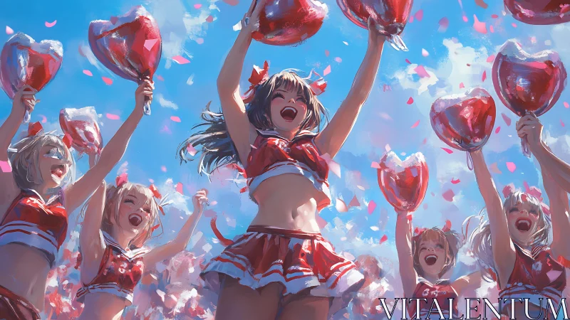 Cheer squad in red uniforms holding heart balloons overhead.