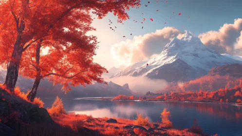 Crimson autumn lakeside beneath snow-capped alpine peak.